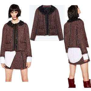 Zara red black white tweed plaid check mesh faux pearl rhinestone collar blazer